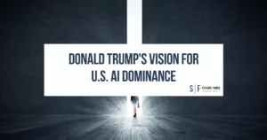 Donald Trump's Vision for U.S. AI Dominance, featuring a bold title on a dark futuristic background with light shining through a doorway.