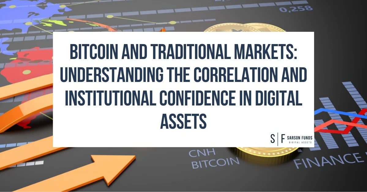 Bitcoin and traditional markets correlation concept, showcasing financial charts, digital assets, and institutional investment trends