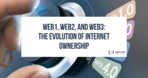 A digital dial representing the evolution from Web1 to Web3, highlighting the shift in internet ownership, with Sarson Funds branding