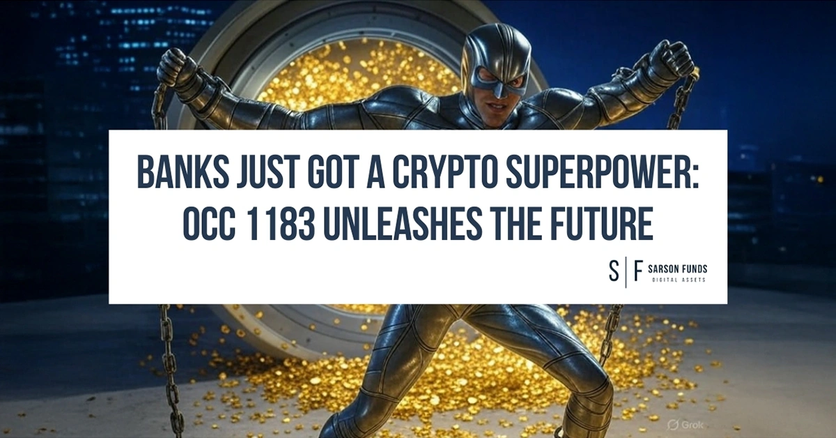 Superhero figure opening a vault full of gold, symbolizing banks gaining crypto capabilities with OCC 1183