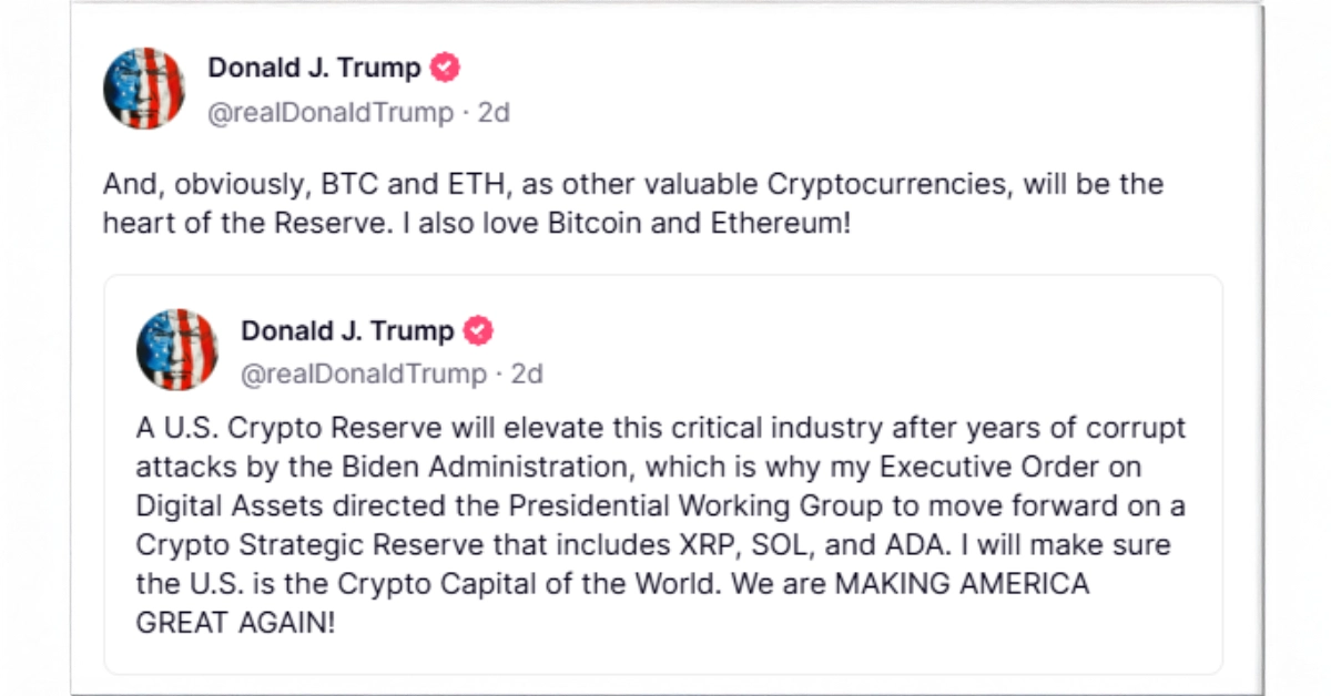 Screenshot of Donald Trump’s social media post announcing the U.S. Crypto Reserve, mentioning BTC, ETH, XRP, SOL, and ADA as part of the initiative