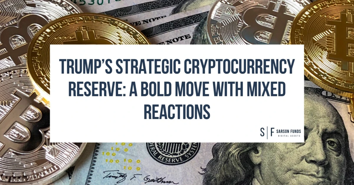 Gold Bitcoin coins and U.S. dollar bills with text overlay about Trump’s strategic cryptocurrency reserve