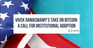 American flag with a text overlay reading "Vivek Ramaswamy’s Take on Bitcoin: A Call for Institutional Adoption" by Sarson Funds