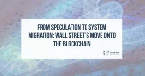 Digital illustration of Wall Street transitioning to blockchain-based financial infrastructure with stock charts and network nodes