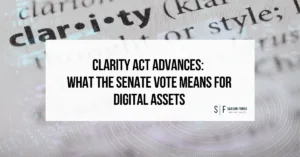 Infographic comparing the GENIUS Act and CLARITY Act by focus, status and core regulatory issues.