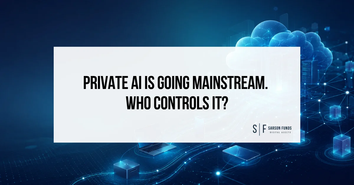 Private AI blog graphic showing connected devices, cloud infrastructure and decentralized network nodes with Sarson Funds branding.
