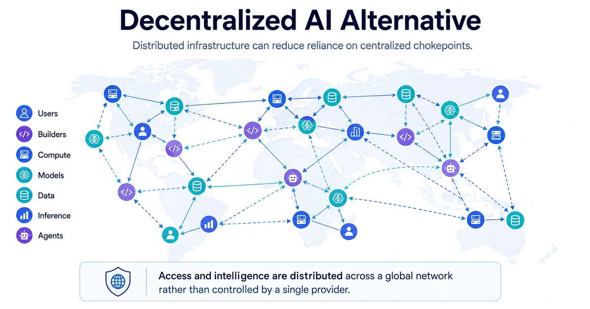 Decentralized AI alternative showing distributed users, builders, compute, models, data, inference, and agents across a global network