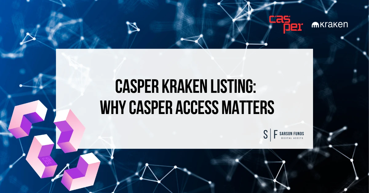 Casper and Kraken logos above the headline “Casper Kraken Listing: Why it Matters” with blockchain network graphics.